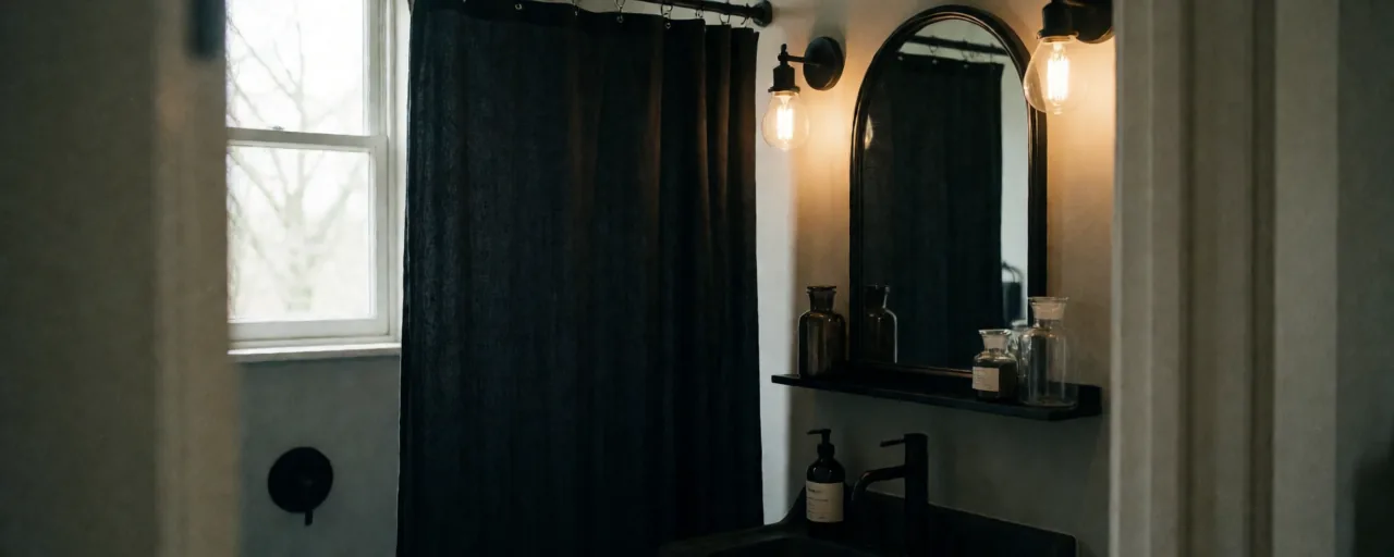 A small bathroom with pale walls and black fittings: a black fabric shower curtain, an arched black mirror over the basin, exposed-bulb sconces and apothecary glass jars on a narrow shelf.