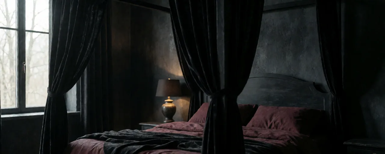 A dark bedroom with a black four-poster bed, heavy velvet drapes at the corners and dusky burgundy bedding, lit by a single warm bedside lamp.