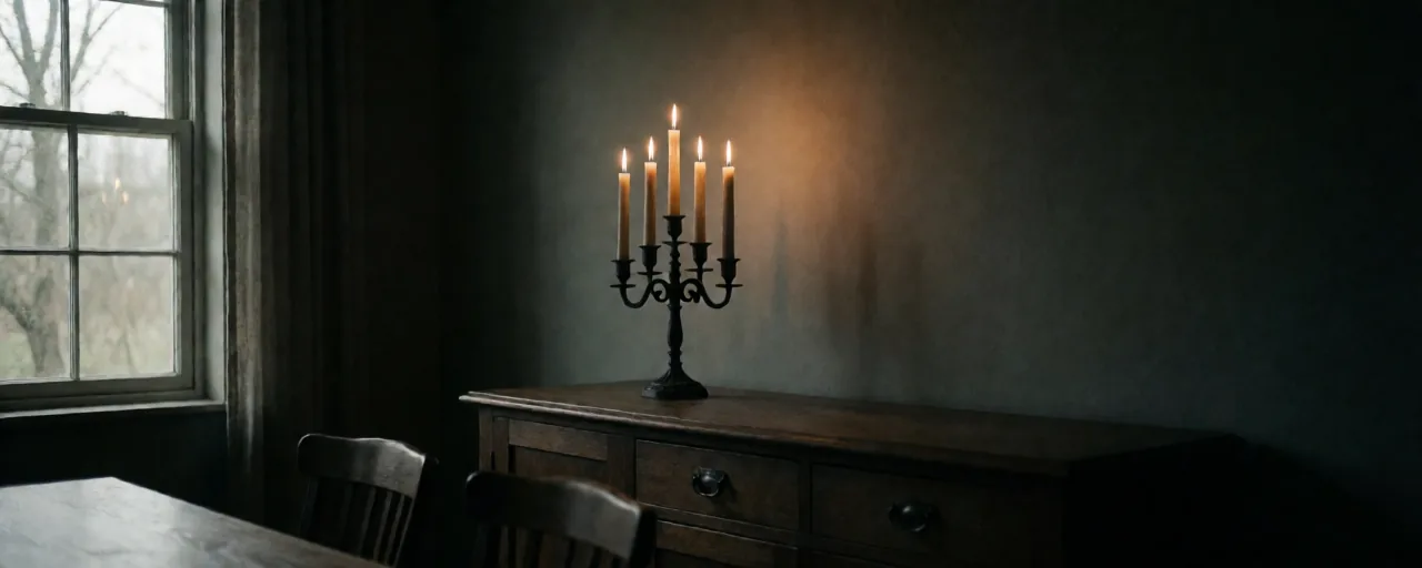 A black five-arm candelabra of lit taper candles on a dark wood sideboard, its light falling off quickly into the shadowed corner of a dining room.