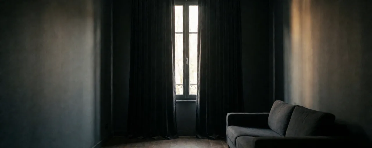 Heavy dark curtains parted at a tall window onto a narrow band of grey daylight, with a low sofa against a bare charcoal wall.