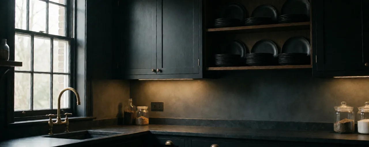A dark kitchen with matte black cabinets, black stoneware stacked on open wood shelving, an aged brass tap and warm under-cabinet lighting.