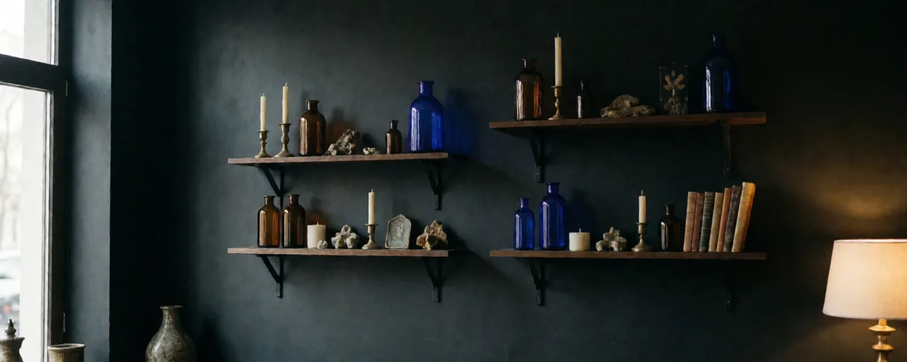 Two pairs of dark wood wall shelves on a near-black wall, holding amber and cobalt glass bottles, candles in brass holders, old books and small curiosities.