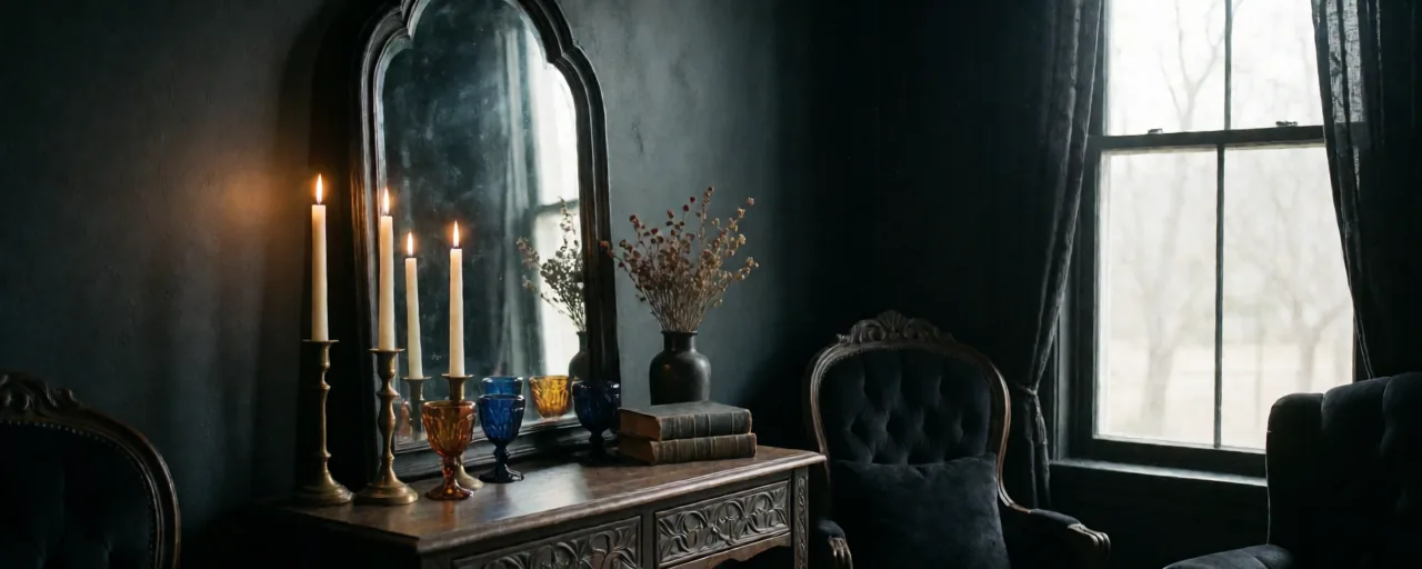 A dark room holding the objects most of these styles share: an arched mirror over a carved wood console, brass candlesticks with lit tapers, amber and cobalt glass, dried botanicals, stacked cloth-bound books and velvet tufted chairs.