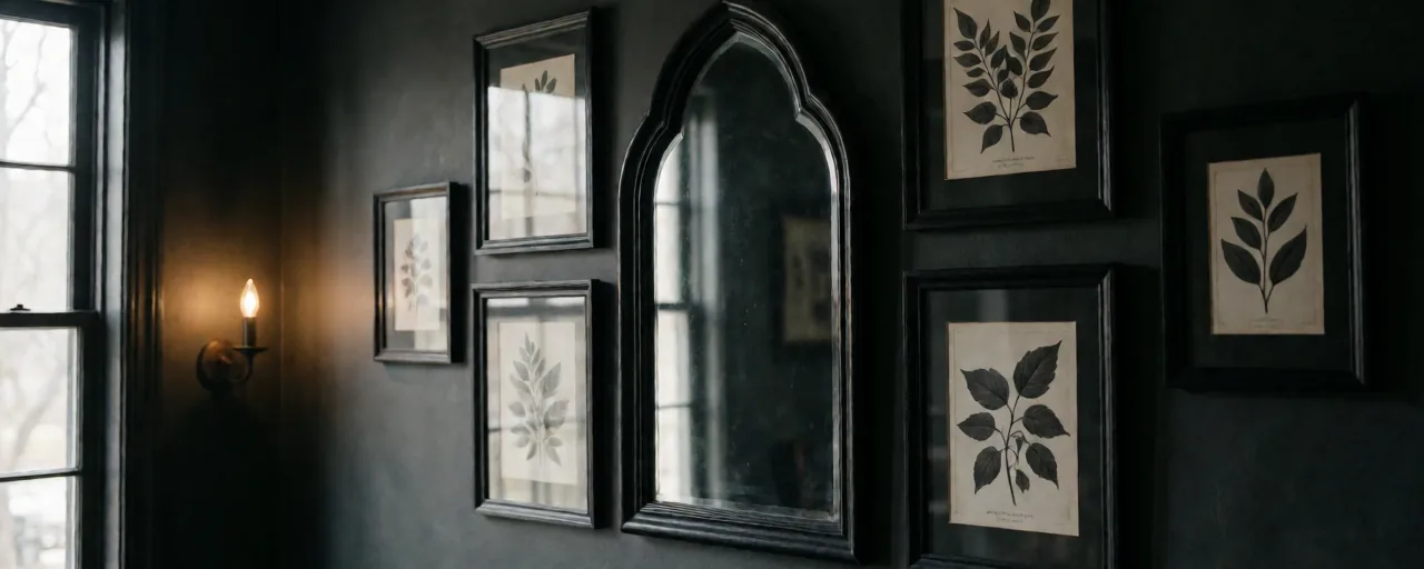 A gallery wall of matched black frames holding pale botanical prints, anchored by an arched black mirror, with a lit candle sconce to one side.